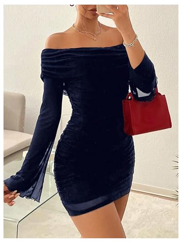 Image of SOLY HUX Women's Ruched Mesh Off Shoulder Bodycon Mini Dress Bell Long Sleeve Club Party Dresses