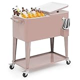 MADOG 80-qt Cooler Cart with Bottle Opener Drainage, Portable Patio Backyard Cooler on Wheels, Outdoor Beverage Cart Ice Chest w/Handle and Tray for Cookout, Garden Party, Outdoor Gathering, Pink