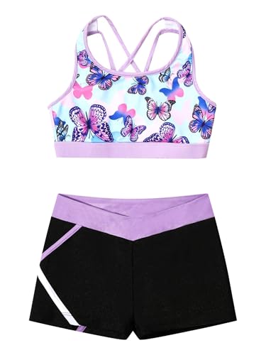 Kids Girls Dance Gymnastic Outfit Sleeveless U Neck Crop Top With Shorts Set Sport Training Dancewear Butterfly 8 Years3