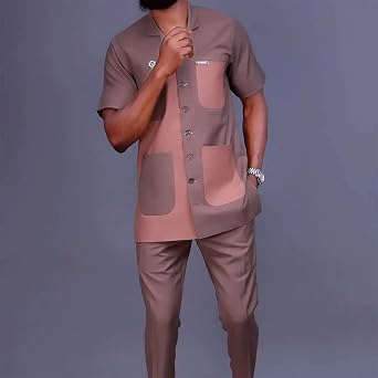 Men's African Shirt Suit Two Pieces Set Dashiki Shirt and Pant Short Sleeve Outfit Tracksuit Traditional Clothing