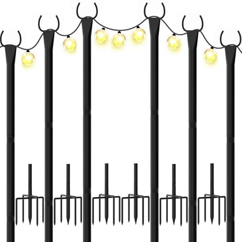 WeValor String Light Poles 6-Pack - 10FT, 5-Prong Base, Adjustable Height