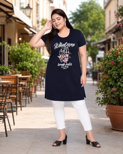 Image of In Love Women's Printed Cotton Plus Size Longline T-Shirt with Pockets | Cotton fabric - soft longline T-shirt with easy plus-size fit