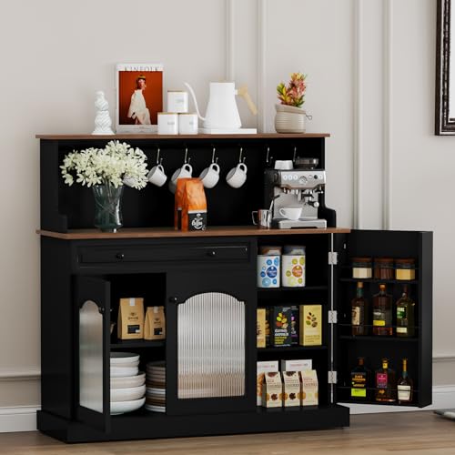 HOLTICO Armario de cocina con encimera, armario buffet de cocina, color negro, armario de vino con cajón y estante superior, cómodas y aparadores para salón, comedor