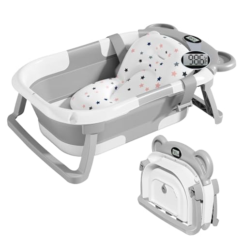 Foldable Baby Bath, FNMJR Collapsible Baby Bath Tub with Thermometer, Cushion Pad, Anti-Slip Portable Bath Tub for Newborn, Travel Shower Bathing Basin Folding Baby Bathtub for Newborn Toddler Infant