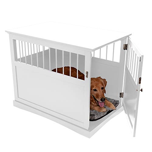 Furhaven Pet Dog Bed Furniture | Secure Living Room Dog Crate End Table Gated Enclosure for Dogs & Cats, White, Large