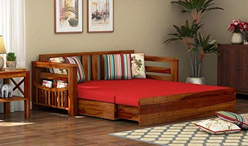 Image of Solid Sheesham Wood Sofa Cum Bed with Storage Side Pocket- 3 Seater Wooden Sofa Bed for Living Room | Convertible Diwan Bed with Cushions | Modern Space Saving Furniture (Red)