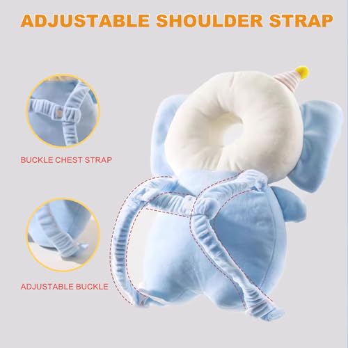 Image of Baby Head Protector Backpack, Toddler Baby Head Protection Backpack with Baby Knee Pads Alarm Function for Walking & Crawling, Soft, Breathable and Wearing Safety Baby Head Protector-Blue Elephant