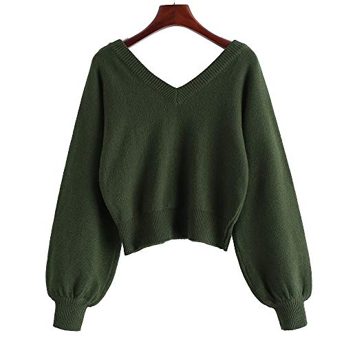 Image of ZAFUL Women's Cropped Sweater V-Neck Long Sleeve Pullover Jumper Knit Top