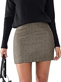EXLURA Womens Tweed Bodycon Mini Skirt High Waist Side Zipper Fall Trendy Pencil Short Skirts Business Casual Outfits Pockets Brown