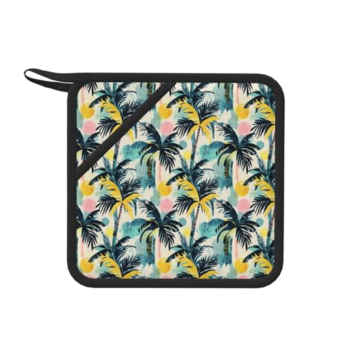 Soportes para ollas con estampado de silueta de plantas hawaianas para cocina, soportes de silicona con lazo para colgar, almohadillas antideslizantes para horno, agarraderas resistentes al calor para