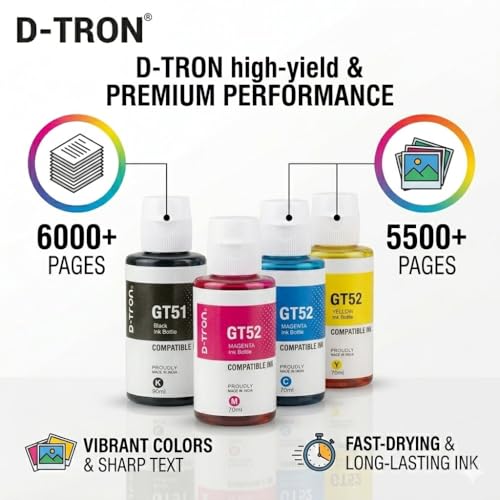 Image of D-tron GT51 /GT52 Compatible Refill Ink for HP 5810 5811 5820 5821 115 116 117 310 315 319 410 415 416 419 457 Printers (Black-2 Colour-3) Pack of 5 - Cyan, Magenta, Yellow, Black