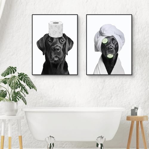 Uixxducc 3 Stück Poster Badezimmer Bilder Badezimmer Deko Bilder ohne Rahmen lustige Hund Wanddeko Bild WC Toilette Deko Schwarz Weiß Wandbilder (21×30 cm)
