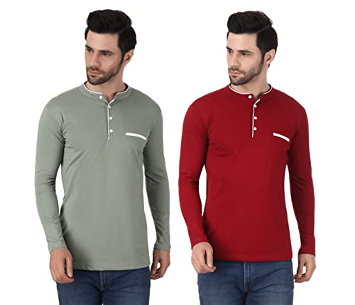 Image of YEZI Cmbo Pack of 2 Full Sleeve Mandarin Collar T-Shirt for Men