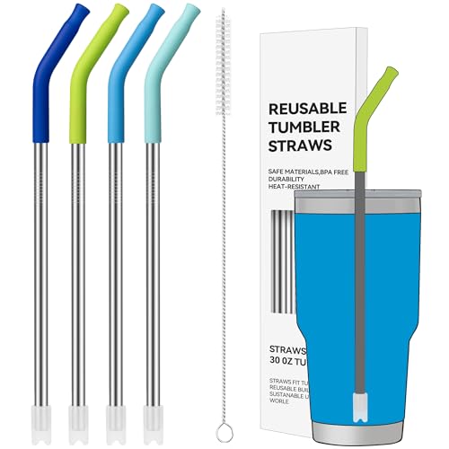 30 oz Straight Stainless Steel Straws with Bent Silicone Tips for YETI