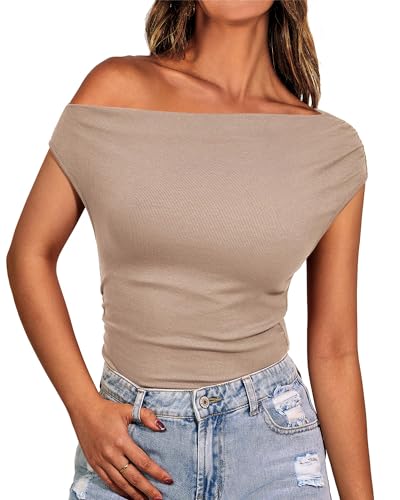 BTFBM Women Off The Shoulder Top 2025 Summer Sleeveless Ruched Ribbed Shirt Asymmetrical Slim Fit Y2K Going Out Tops(Solid Khaki, X-Large)