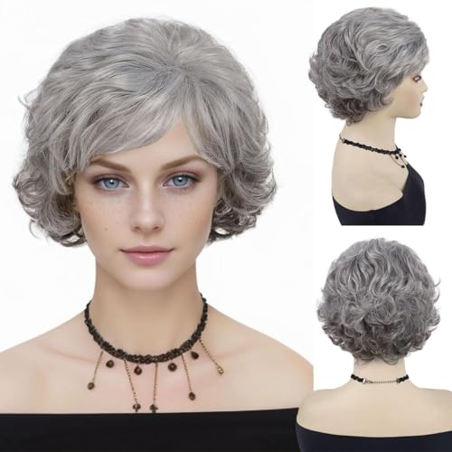 60s Grandma Wig Ombre Grey Short Curly Hair Wigs for Old Lady Women