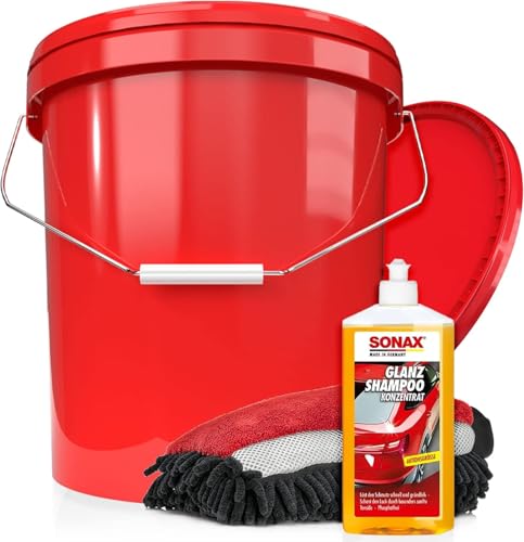 Autowäsche Set - SONAX: Autoshampoo Glanz Shampoo Konzentrat - Detailmate Wascheimer mit Deckel, Waschhandschuh mit Insekten Mesh - Autoreinigungsset Aussen