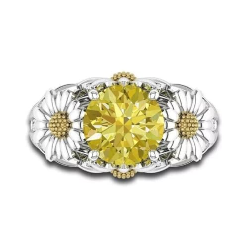 925 Sterling Silver Round Cut Yellow Sapphire Gemstone Sunflower Milgrain Engagement Wedding Ring for Women's In 14K White Gold Finish3