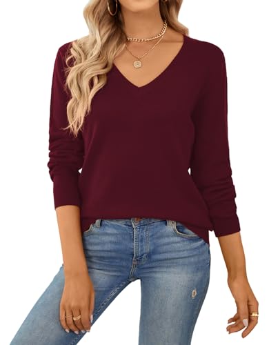 QUALFORT Women's 100% Cotton V-Neck Sweater, Basic Lightweight Long Sleeve