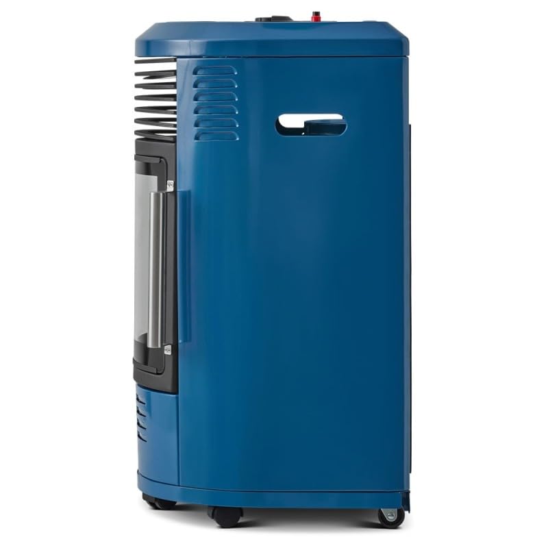 FAVEX - Chauffage d'appoint à gaz Volga Bleu émaillé - Prêt à l'emploi livré avec tuyau et détendeur - Infrableu effet feu de cheminée - 6 puissances de chauffe Thermostat - Jusqu'à 40 m²