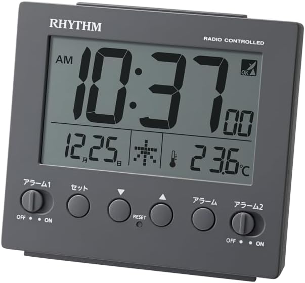 RHYTHM Fit Wave D236 8RZ236SR82 Alarm Clock Digital Electronic Sound Double Alarm (with Snooze) Thermometer Light Calendar, Dark Gray 3.6 x 3.9 x 1.8 inches (9.1 x 10 x 4.5 cm)