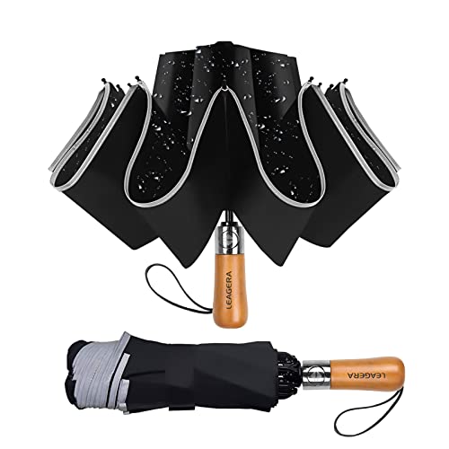 Leagera Sun Umbrella Uv Protection Compact Windproof Reverse Umbrella For Rain - 54 Inch Portable Automatic Open And Close Folding Inverted Car Travel Umbrella With Wooden Handle For Men,Black #TOP1