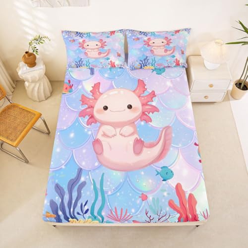 Image of jejeloiu Cute Axolotl Bed Sheets Set Full Size Kawaii Ocean Sealife Bed Set for Kids Boys Girls Cartoon Salamander Deep Pocket Fitted Sheet Reptile Animal Breathable Soft Lightweight Microfiber
