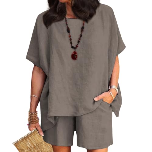ZOCANIA Linen Short Sets for Women 2 Piece Outfits Linen Short Sleeve Top Wide Leg Short Suit Casual Short Set with Pockets
