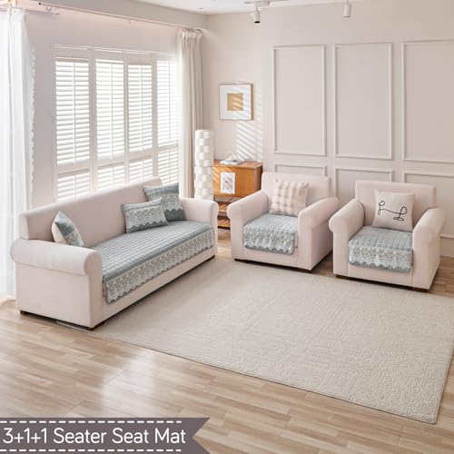 Image of HOKIPO 'BelleLace Series' Imperial Milk Velvet 5 Seater Set (3+1+1) Sofa Cover Mat for 311 Seater Sofa, Lace Design, Cloud Grey (AR-5966+5962 * 2-LGRY)