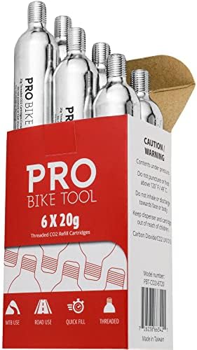 20g Threaded CO2 Cartridges - 6 Pack for All CO2 Bike Tire Inflators with Threaded Connection - Quick Air Refill for Bicycle Tires - Cartridge for CO2 Pump - Road or MTB Bikes.