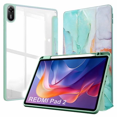 Image of ProElite Case Cover for Xiaomi Redmi Pad 2 11 inch Cover, Transparent Flip Case for Xiaomi Redmi Pad 2 11 inch Case Cover with Pen Holder, Marble Green