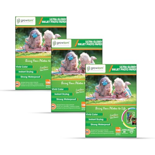 Image of Growlam Ultra Glossy Photo Paper 275 GSM 4R Size, 100 Sheets (Pack of 3) | Resin Coated Surface, Waterproof Technology, Tropical Climate Durability, Realistic Color Reproduction, Stunning Visual Depth