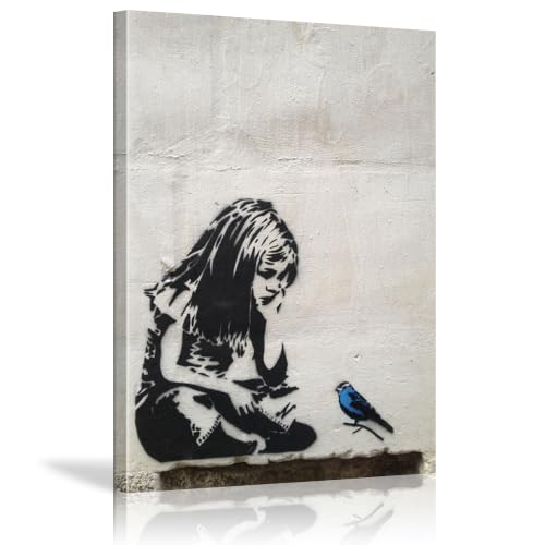 KioJert images imprimées sur toile Banksy Reproduction d’art Mural sur toile Encadrée Reproductions de Tableaux Murale Moderne Graffiti pour le Salon, Chamber 1 pièce Girl with Blue Bird 60x80cm
