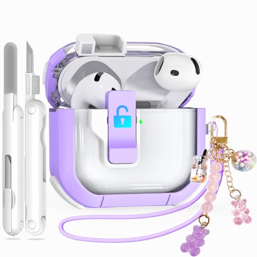 5-in-1 Case for AirPods 4 with Secure Lock, Ekoonpft Anti-Yellow Clear Cases for Apple AirPods 4th Gen 2024 for Women Girly, Soft Cover with Cleaner,Silicone Wrist Strap,Cute Candy Keychain,Carabiner