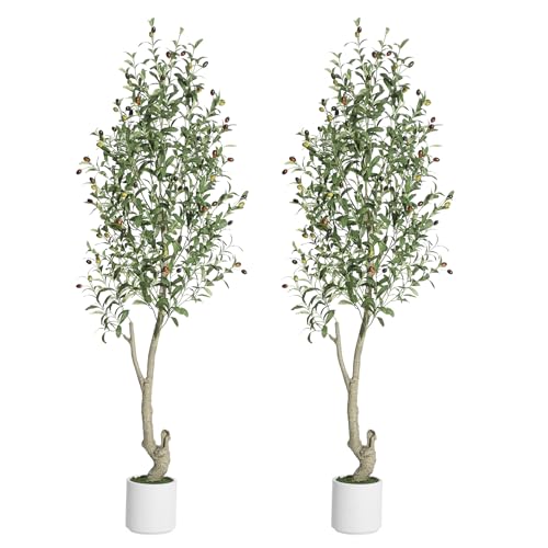 GarveeHome Faux Olive Tree 6 ft, Olive Trees Artificial Indoor with White Planter, Artificial Silk Plants with Green Leaves and Big Fruits for Home Office DéCor Living Room Bedroom Stairs Foyer,2 Pack