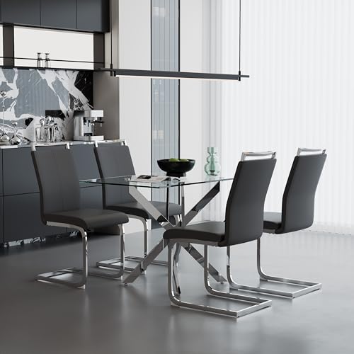 Image of 5 Piece Glass Dining Table Set for 4, Modern Tempered Glass Top Kitchen Table and Chairs Set, 4 Upholstered Chairs and Faux Leather Cushions, Space-Saving Small Apartment Dining Set