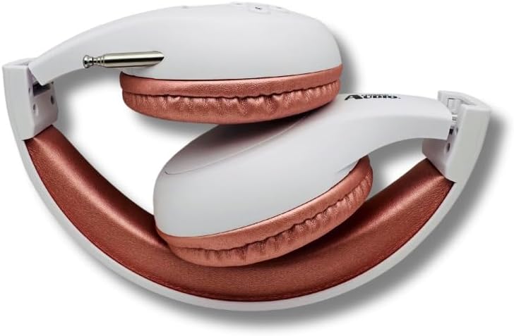 KQEC FM Radio Headphones Adjustable with Pull-Out Antenna - Portable Personal Radio for Walking Jogging Relaxing | Battery Powered | 2 AA Batteries Not Included (White & Rose Gold)