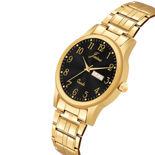 Image of jainx Metal Premium Golden Chain Day and Date Feature Analog Wrist Watch for Men (Black /Golden Color Dial)