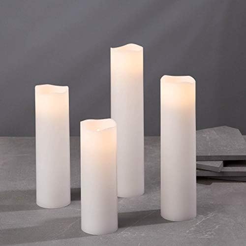 LampLust Flameless Candle Set, 2 Inch Diameter - Battery Operated, 4 Pack, Slim Pillar Candles, Flickering LED, Winter Decor, Wedding Centerpiece, White Wax - Batteries & Remote Control Included
