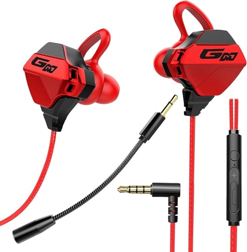 ゲーミングイヤホン ゲームいやほん マイク付き 有線 イヤホン いやほん カナル型 スマホイヤホン 四つスピーカーユニット 騒音低減 マイクミュート 3.5mm 重低音 PS4 通話可能 音量調整 人気 スマホ PC Nintendo Switch Xbox One PUBG 荒野行動 ZOOM Skype対応 (レッド＆ブラック)