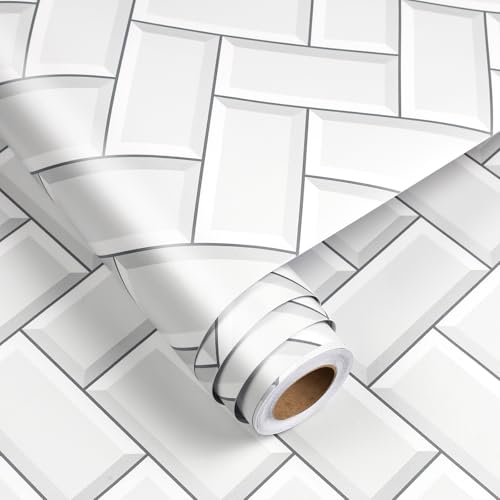 Papel pintado con patrón de cerámica blanco FunStick rectangular autoadhesivo de 17.5 x 118 7
