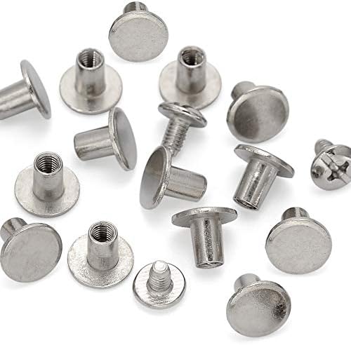 100 Sets Round Flat Head Chicago Screws Buttons Metal Studs Rivets Screwback Spots Metal Nail Rivet Studs for Leather Crafting 5/16 Inch (Silver)