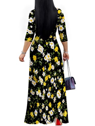 Image of PinkPatty Plus Size Maxi Dress for Women Casual V Neck 3 /4 Sleeve Boho Printed Long Dress with Pockets