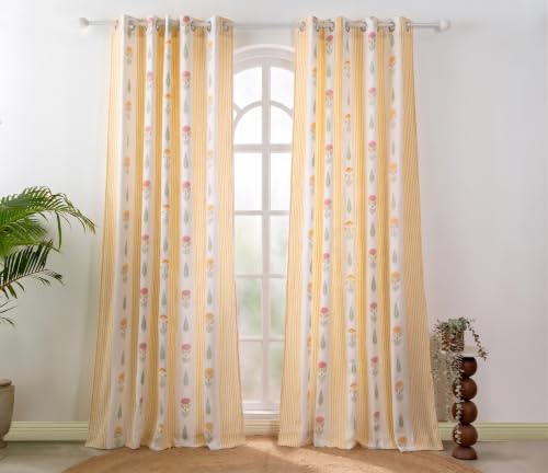 Image of Tranquebar Curtain Co. 152 cm (5 Feet), Yellow Floral Print, Set of 2, 100% Cotton Fabric,Eyelets, Reva- Window Curtains 5 Feet Long,Eyelets