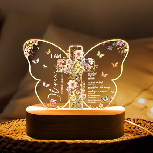 Lámpara nocturna personalizada bautizo LED con cruz y nombre