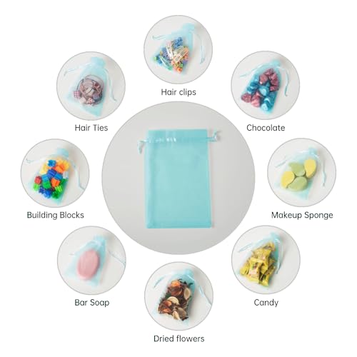 Image of 100PCS Baby Blue Organza Bags, 4x6 Inch Small Mesh Bags Drawstring, Jewelry Gift Bags for Baby Shower Party Candy