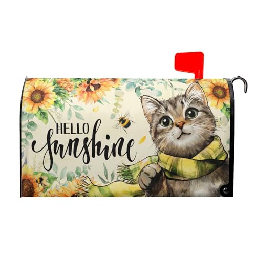 Image of Hello Sunshine Cat Magnetic Mailbox Cover for Garden Yard, Summer Sunflowers Bee Kitten Waterproof Mailbox Wrap Post Cover for Outdoor Outside Patio Decor, Large Size 25.5x21 Inch
