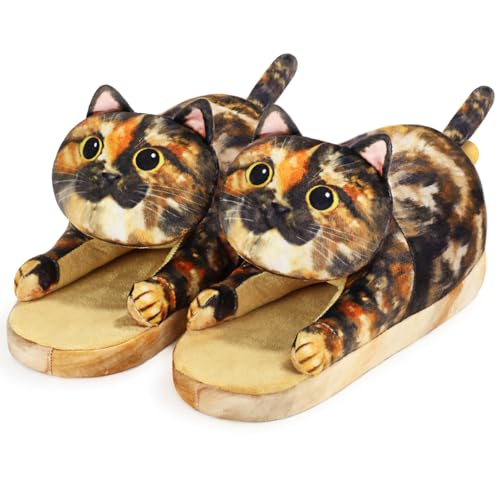 Infaccial Fuzzy Cat Slippers for Women Indoor and Outdoor,Funny Animal House Shoes with Soft Memory Foam,Comfy Plush Warm Slip-on Slippers,Birthday Gifts for Cat Lover (Tortoiseshell Cat)