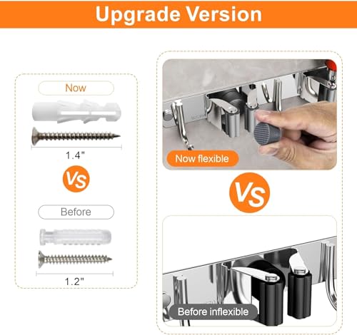 Image of Enclave Stainless Steel Mop and Broom Holder Wall Mounted Adhesive Storage Solutions for Broom mop etc, Garage Storage Systems Broom Organizer. (3 RACK 4 HOOK /SILVER, PACK OF 2)