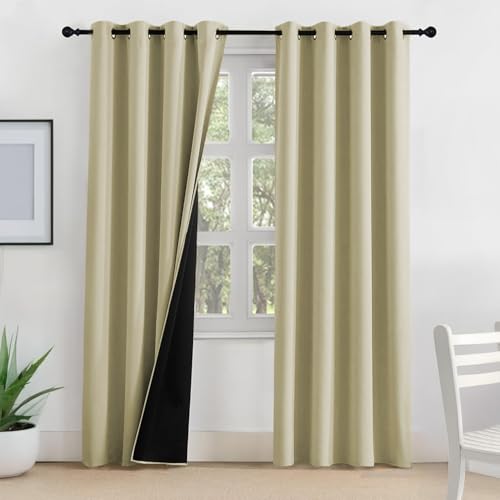 Image of LINENWALAS Long Door Curtains 9 Feet Set of 2 - Thermal Insulation 100% True Blackout Curtains, Black Backing & Fade Resistant Drapes for Living Room, Bedroom (Beige)